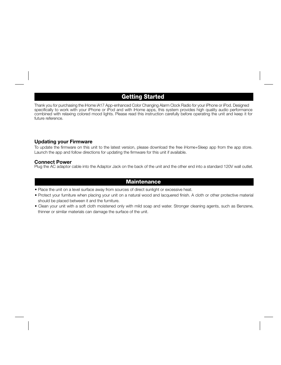 Getting started | iHome IA17 User Manual | Page 3 / 12