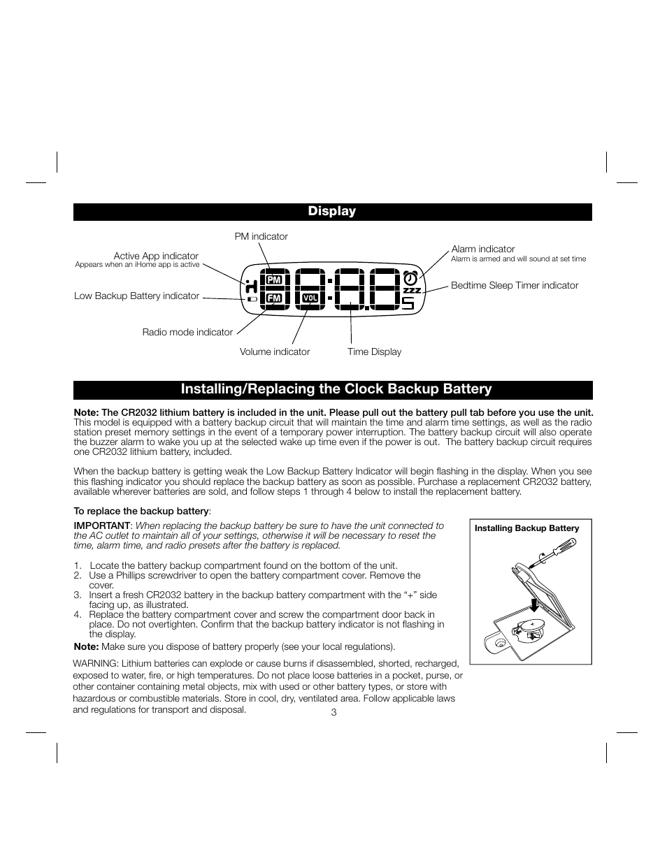 Installing/replacing the clock backup battery, Display | iHome IA17 User Manual | Page 6 / 12