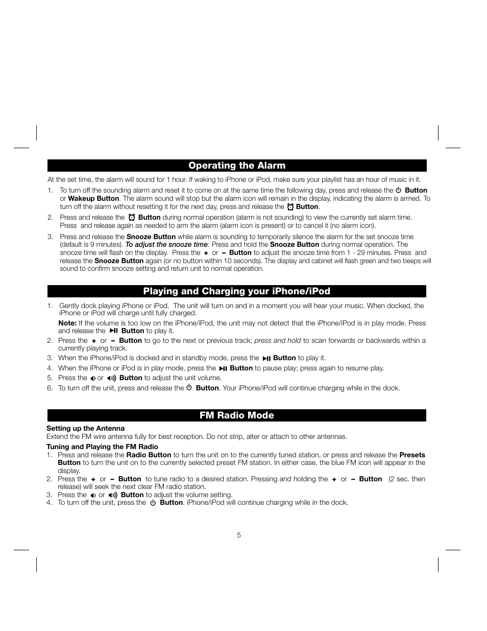 Operating the alarm fm radio mode, Playing and charging your iphone/ipod | iHome IA17 User Manual | Page 8 / 12