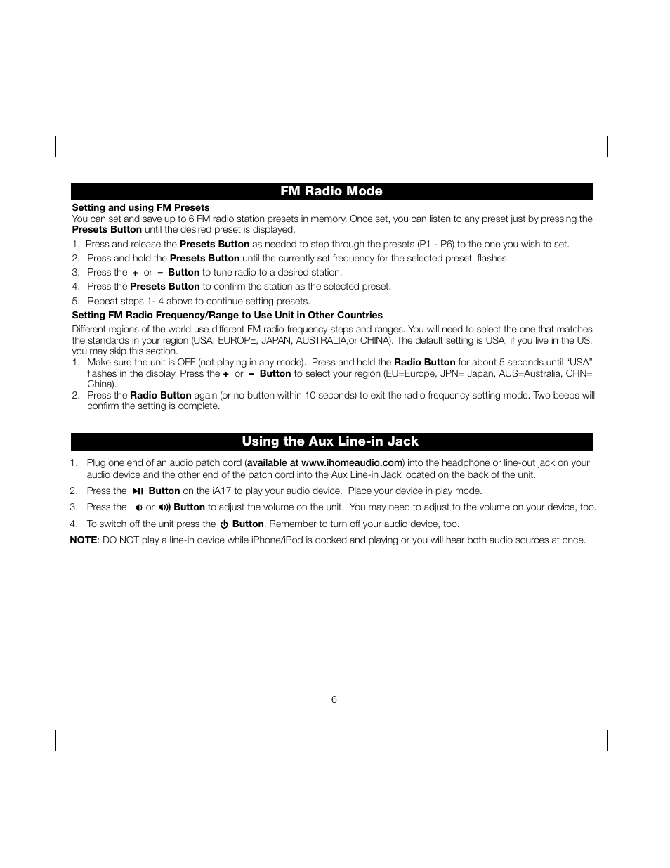 Fm radio mode, Using the aux line-in jack | iHome IA17 User Manual | Page 9 / 12