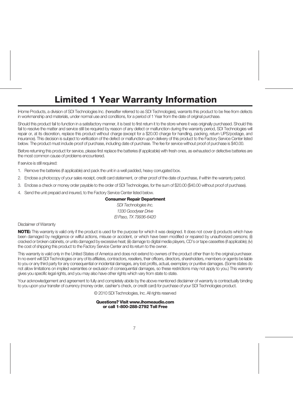 Limited 1 year warranty information | iHome IPOD IP56 User Manual | Page 10 / 11