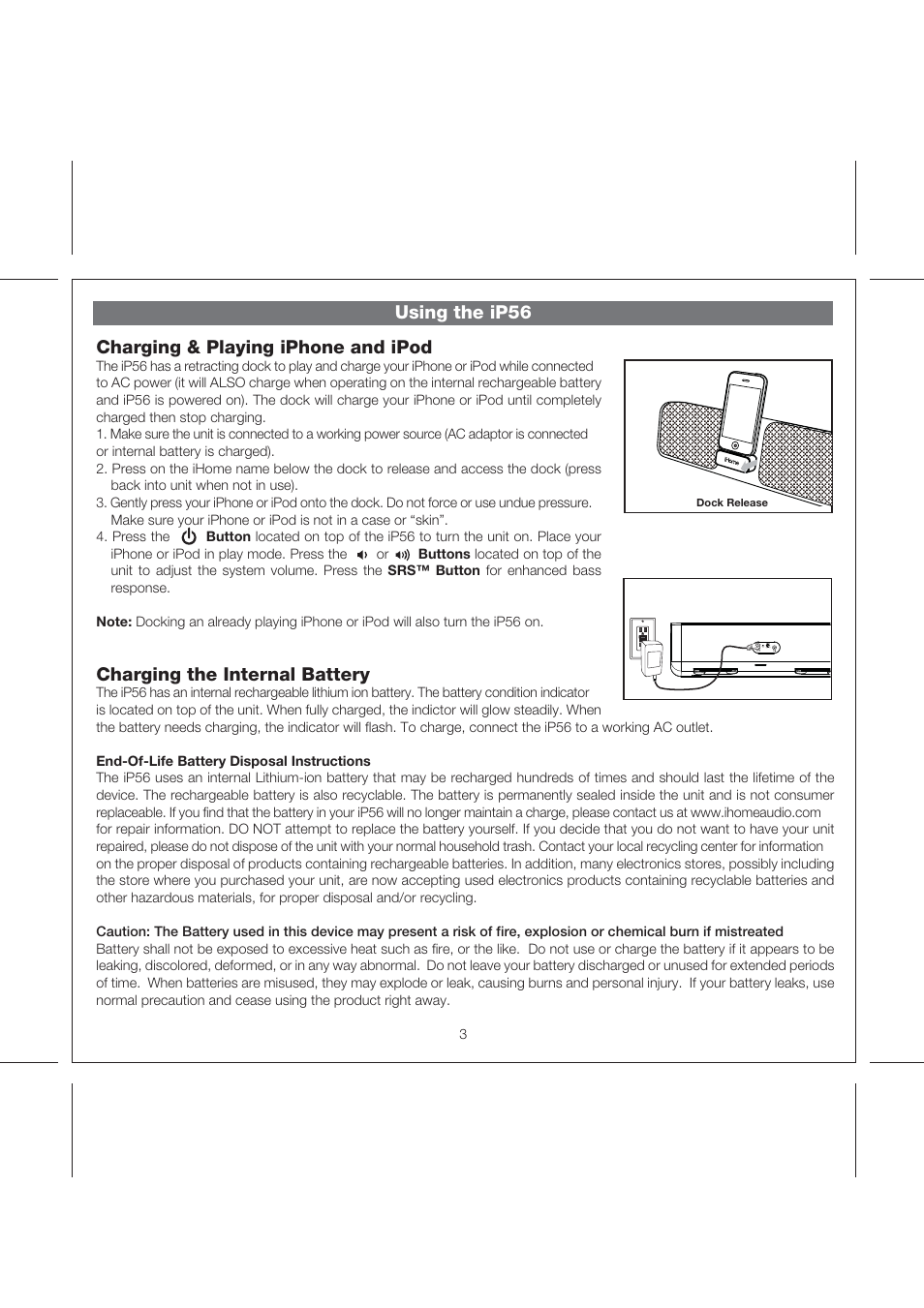 Using the ip56 charging & playing iphone and ipod, Charging the internal battery | iHome IPOD IP56 User Manual | Page 6 / 11