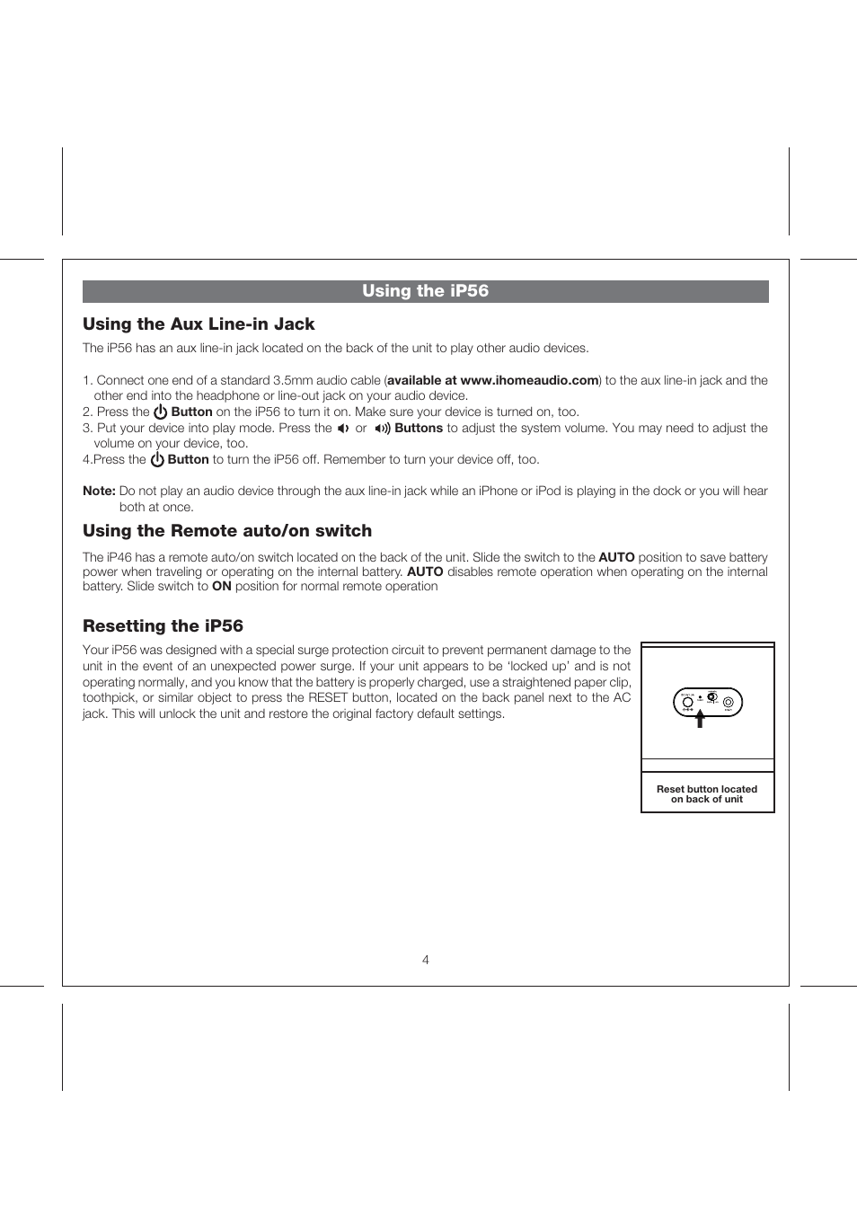 Using the ip56 using the aux line-in jack, Using the remote auto/on switch, Resetting the ip56 | iHome IPOD IP56 User Manual | Page 7 / 11