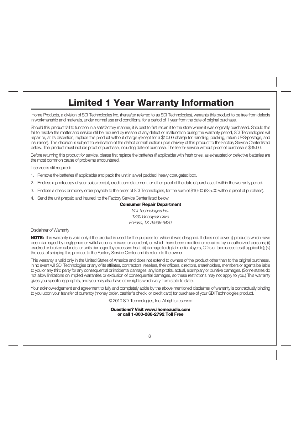 Limited 1 year warranty information | iHome IP38 User Manual | Page 11 / 12