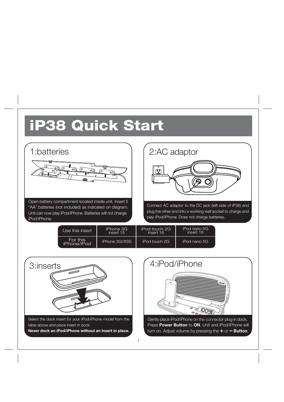 Ip38 quick start, Batteries, Ipod/iphone | Inserts, Ac adaptor | iHome IP38 User Manual | Page 4 / 12