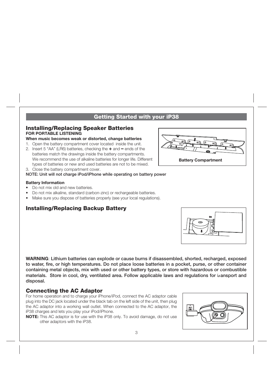 Installing/replacing speaker batteries, Installing/replacing backup battery, Connecting the ac adaptor | Getting started with your ip38 | iHome IP38 User Manual | Page 6 / 12