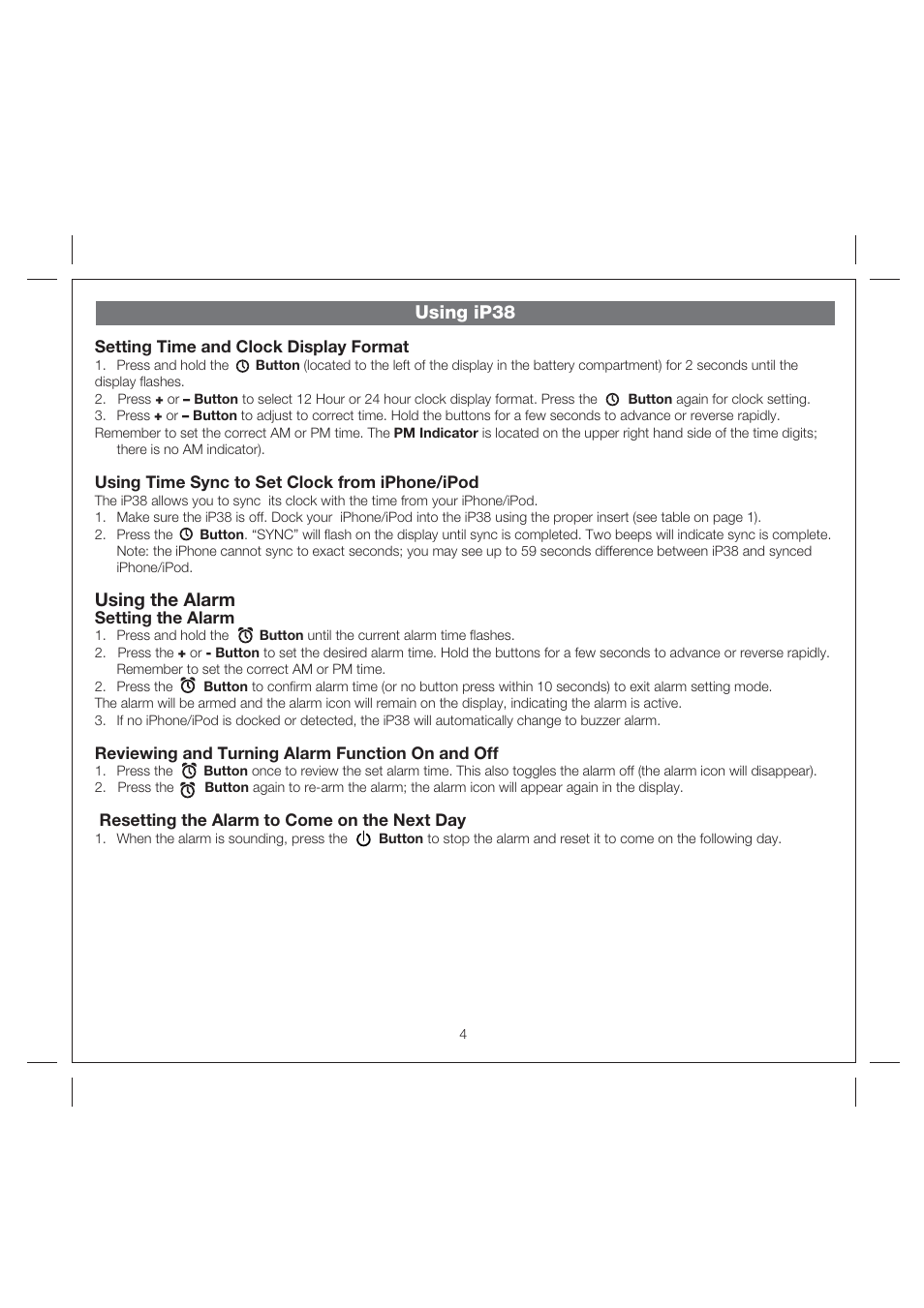 Using ip38, Using the alarm | iHome IP38 User Manual | Page 7 / 12