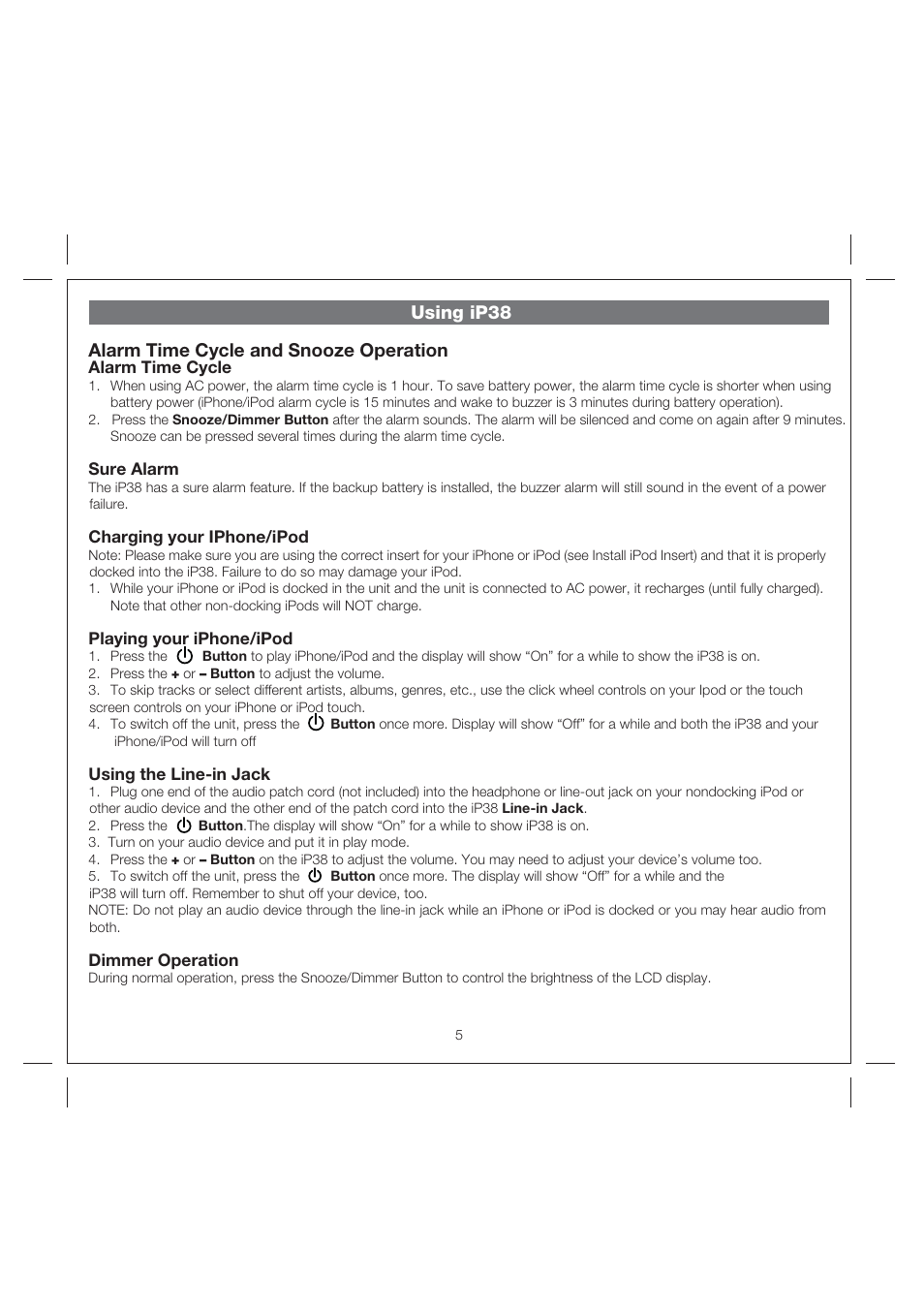 Using ip38 alarm time cycle and snooze operation | iHome IP38 User Manual | Page 8 / 12