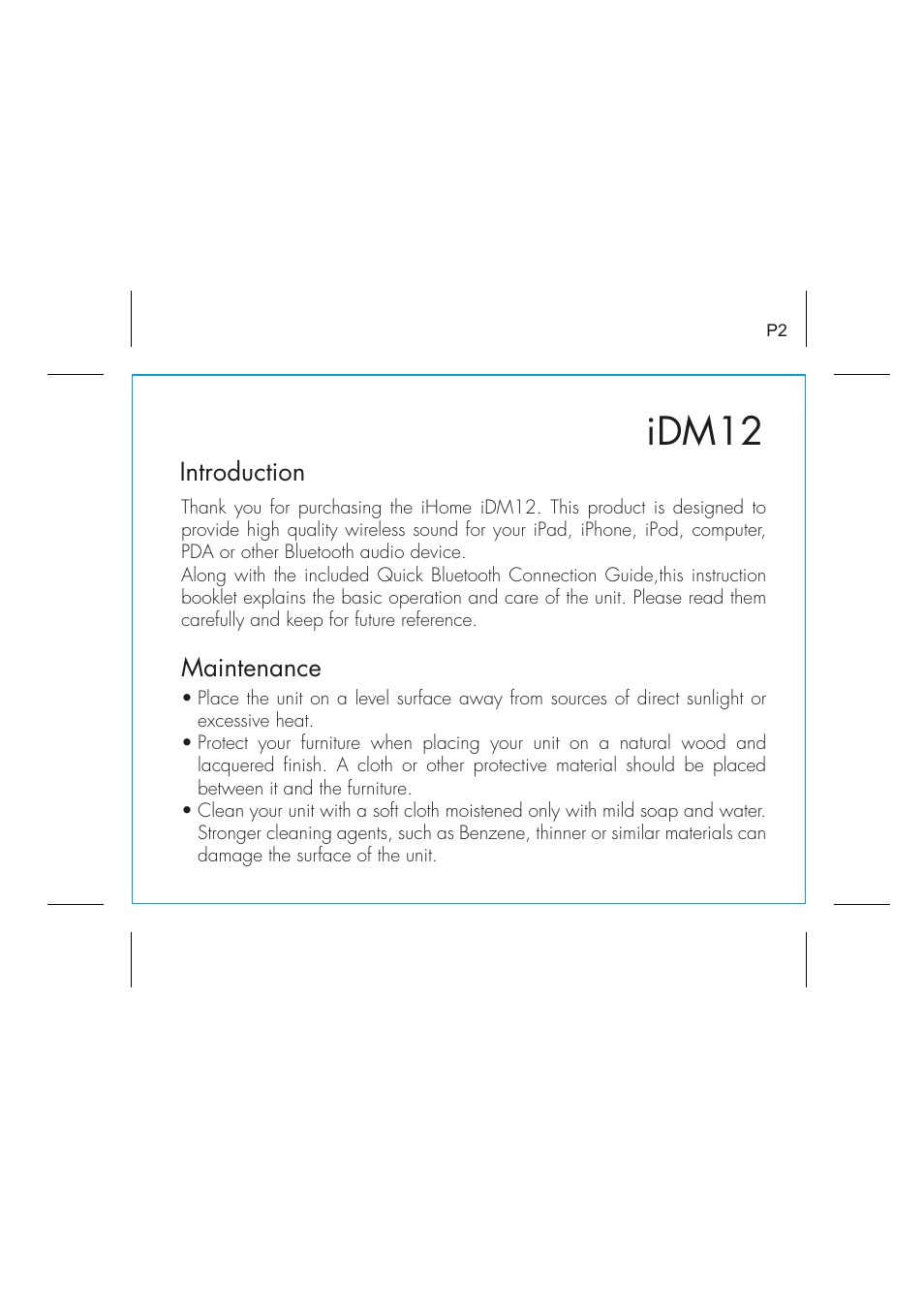 Idm12, Introduction, Maintenance | iHome IDM12 User Manual | Page 2 / 14