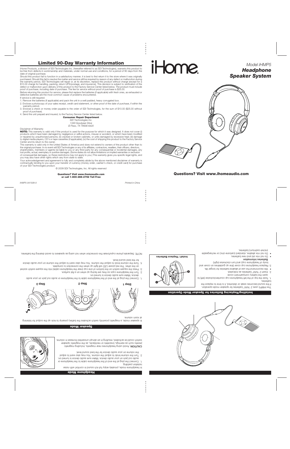 Headphone speaker system, Limited 90-day warranty information, Model ihmp5 | iHome iHMP5 User Manual | Page 4 / 4
