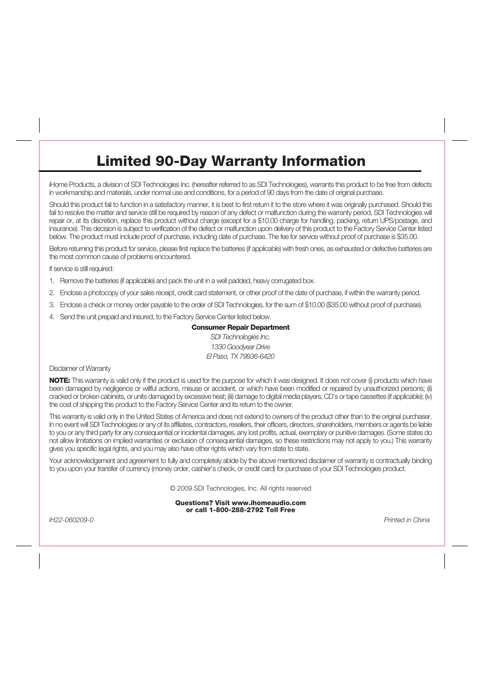 Limited 90-day warranty information | iHome iH22 User Manual | Page 12 / 12