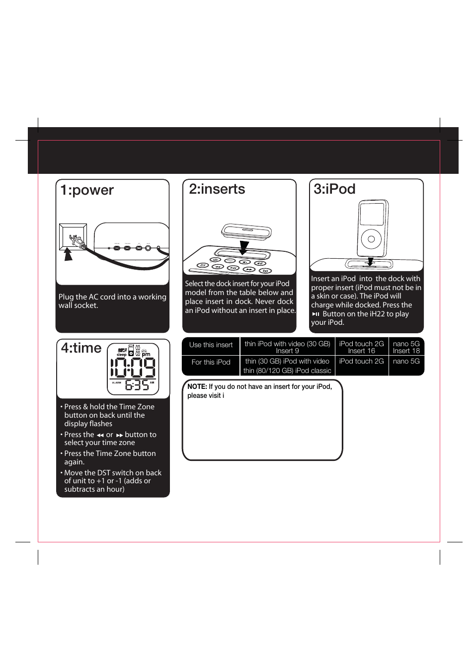 Quick start, Time, Inserts 3:ipod | Power | iHome iH22 User Manual | Page 5 / 12