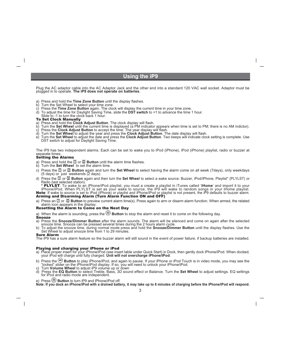 Using the ip9, Connect ip9 to power source, Setting the clock | Using the alarms, Iphone/ipod | iHome iP9 User Manual | Page 5 / 13