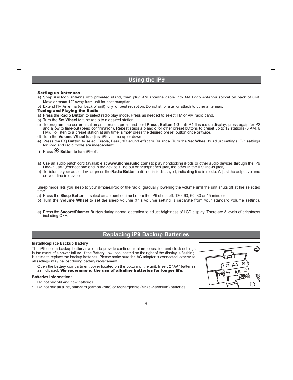 Replacing ip9 backup batteries, Using the ip9, Radio | Using the line-in jacks, Using sleep mode, Using the dimmer | iHome iP9 User Manual | Page 6 / 13