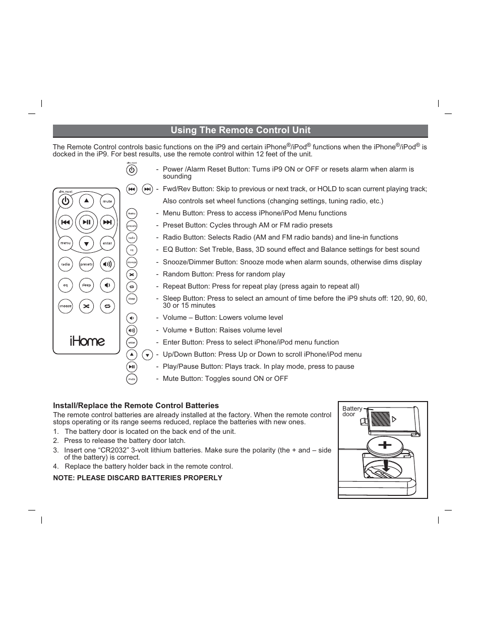 Using the remote control unit | iHome iP9 User Manual | Page 7 / 13