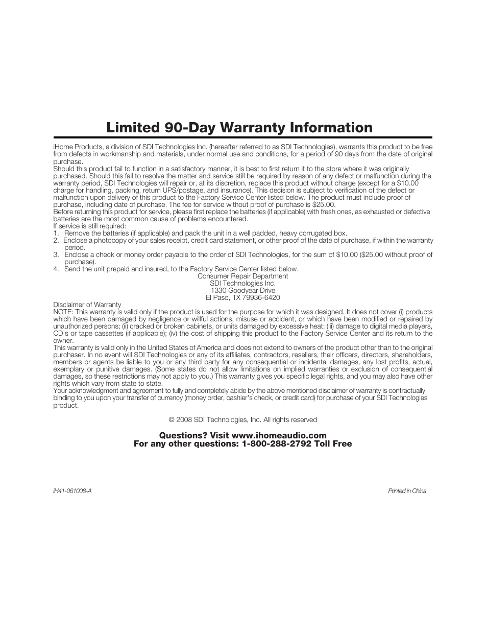 Limited 90-day warranty information | iHome iH41 User Manual | Page 12 / 12