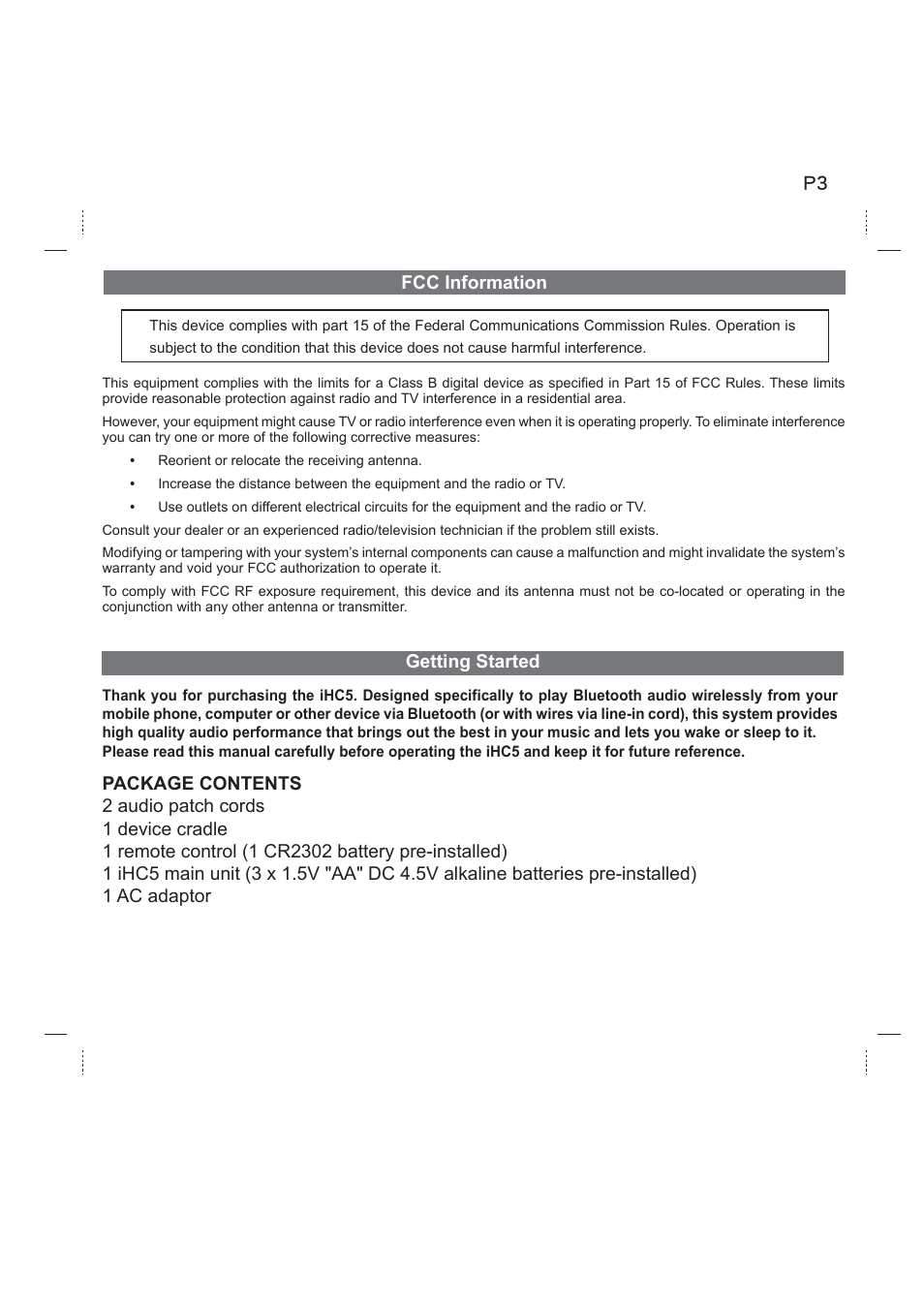 Fcc information getting started | iHome iHC5 User Manual | Page 3 / 17