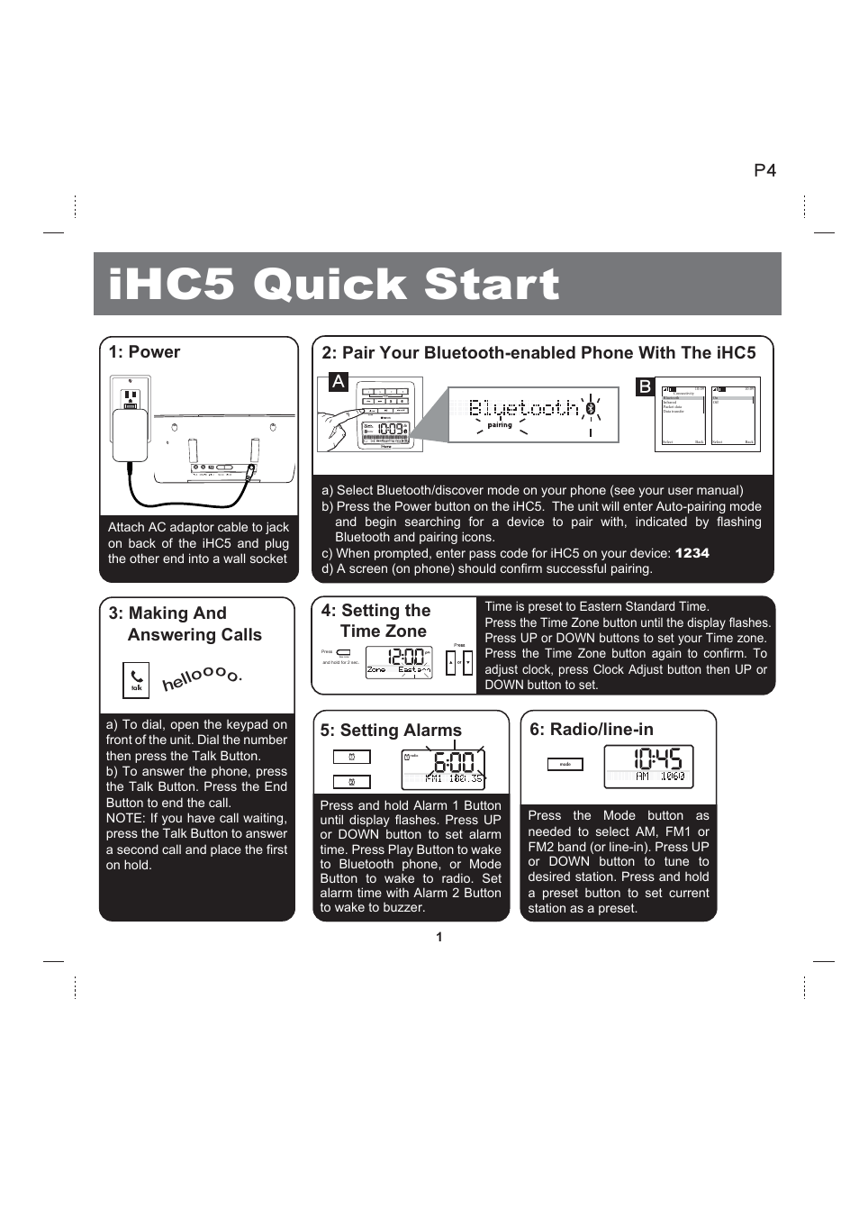 Ihc5 quick start, Power, Pair your bluetooth-enabled phone with the ihc5 | Making and answering calls, Setting the time zone, Setting alarms 6: radio/line-in p4 | iHome iHC5 User Manual | Page 4 / 17