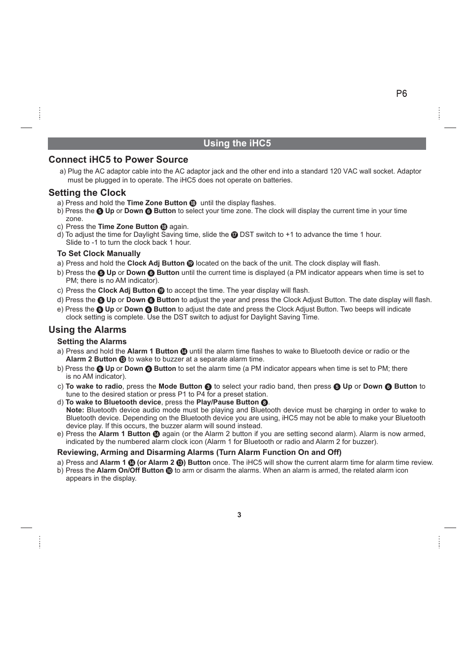 Using the ihc5 connect ihc5 to power source, Setting the clock, Using the alarms | iHome iHC5 User Manual | Page 6 / 17