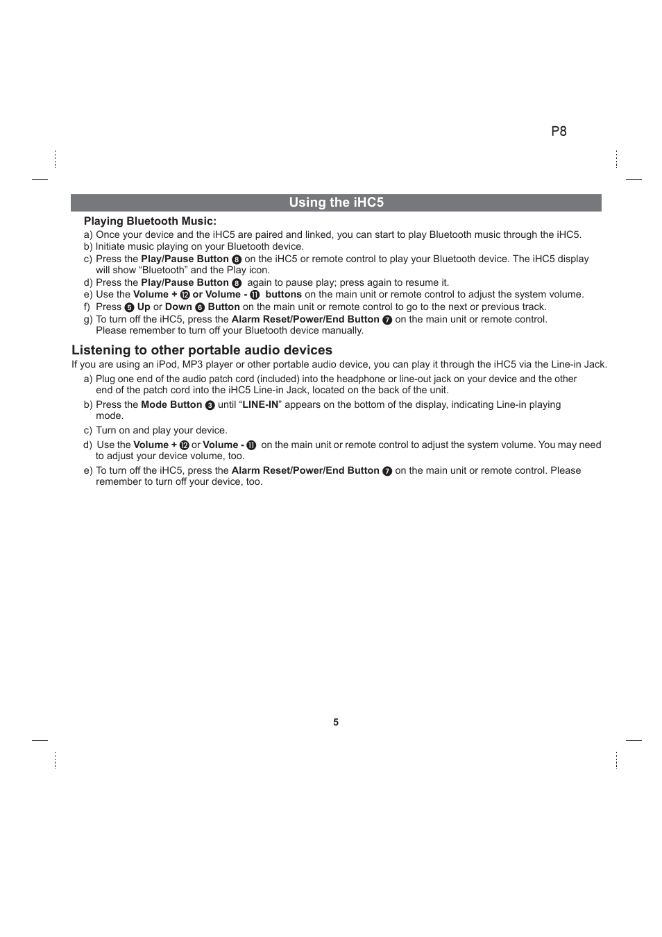 Using the ihc5, Listening to other portable audio devices | iHome iHC5 User Manual | Page 8 / 17