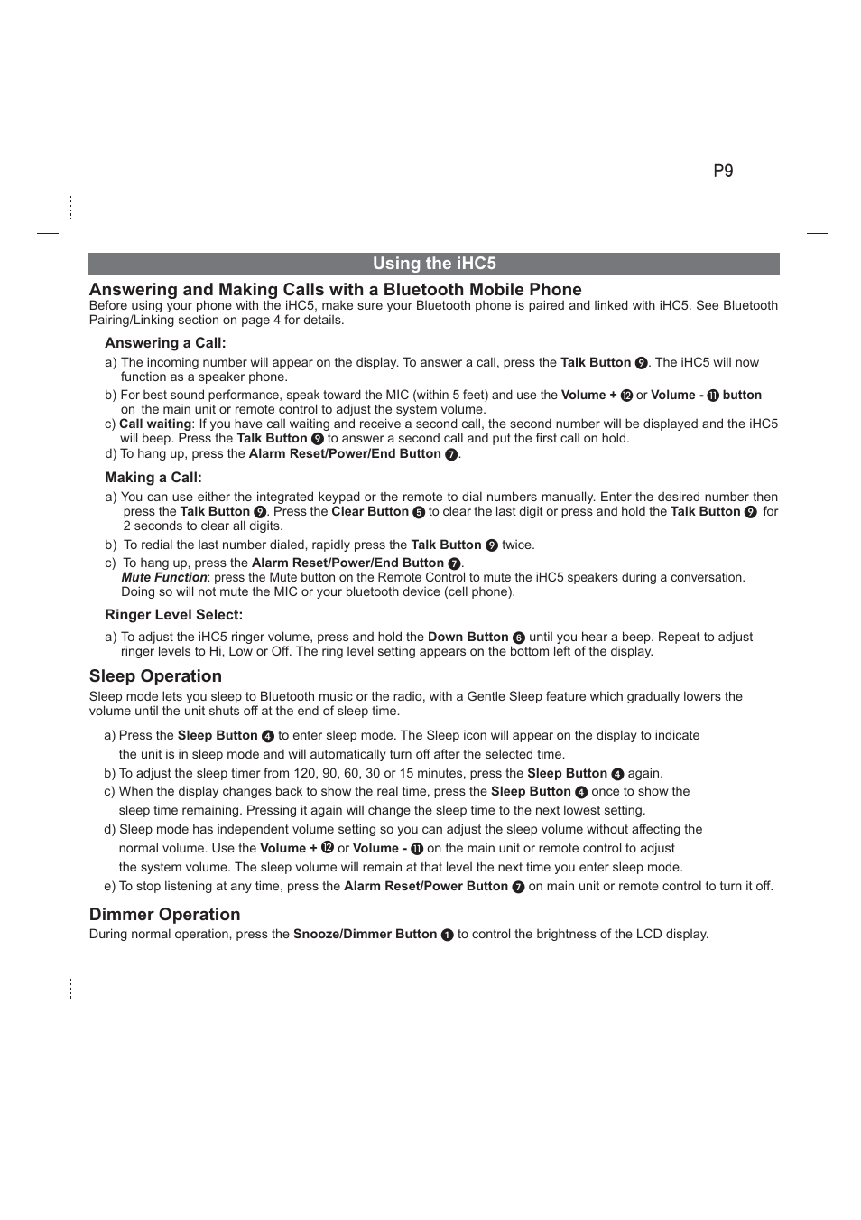 Using the ihc5 sleep operation, Dimmer operation | iHome iHC5 User Manual | Page 9 / 17