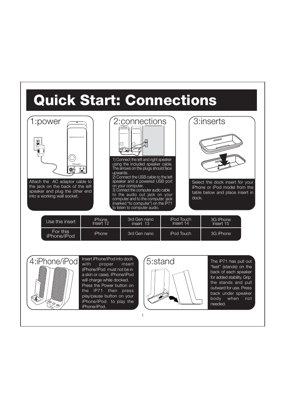Quick start: connections, Inserts 1:power, Iphone/ipod | Stand, Connections | iHome iP71 User Manual | Page 4 / 12