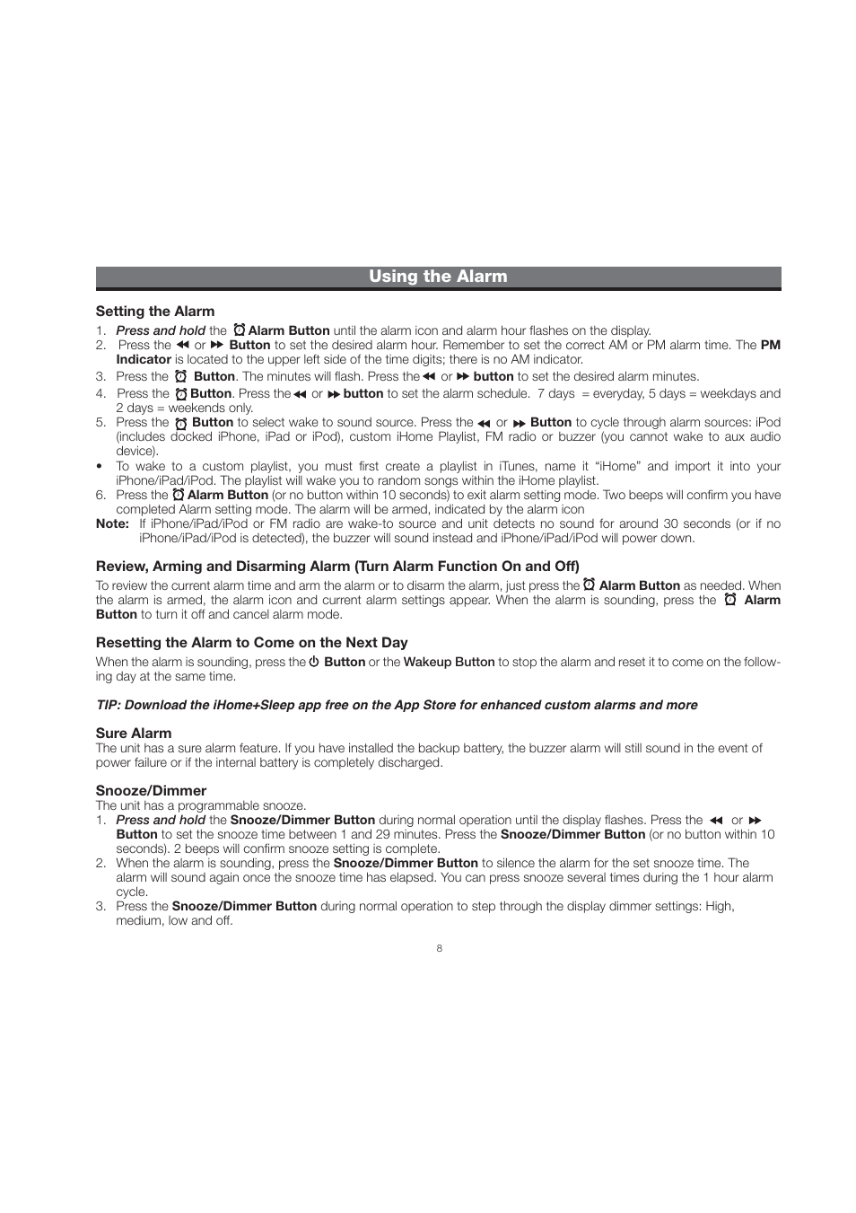 Using the alarm | iHome ID28 User Manual | Page 11 / 17