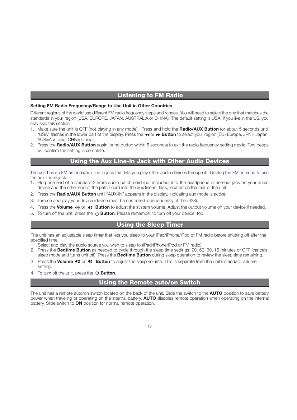 Using the remote auto/on switch, Using the sleep timer, Listening to fm radio | iHome ID28 User Manual | Page 13 / 17