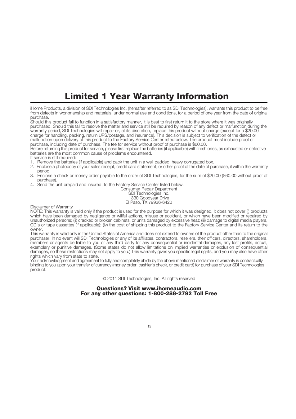 Limited 1 year warranty information | iHome ID28 User Manual | Page 16 / 17