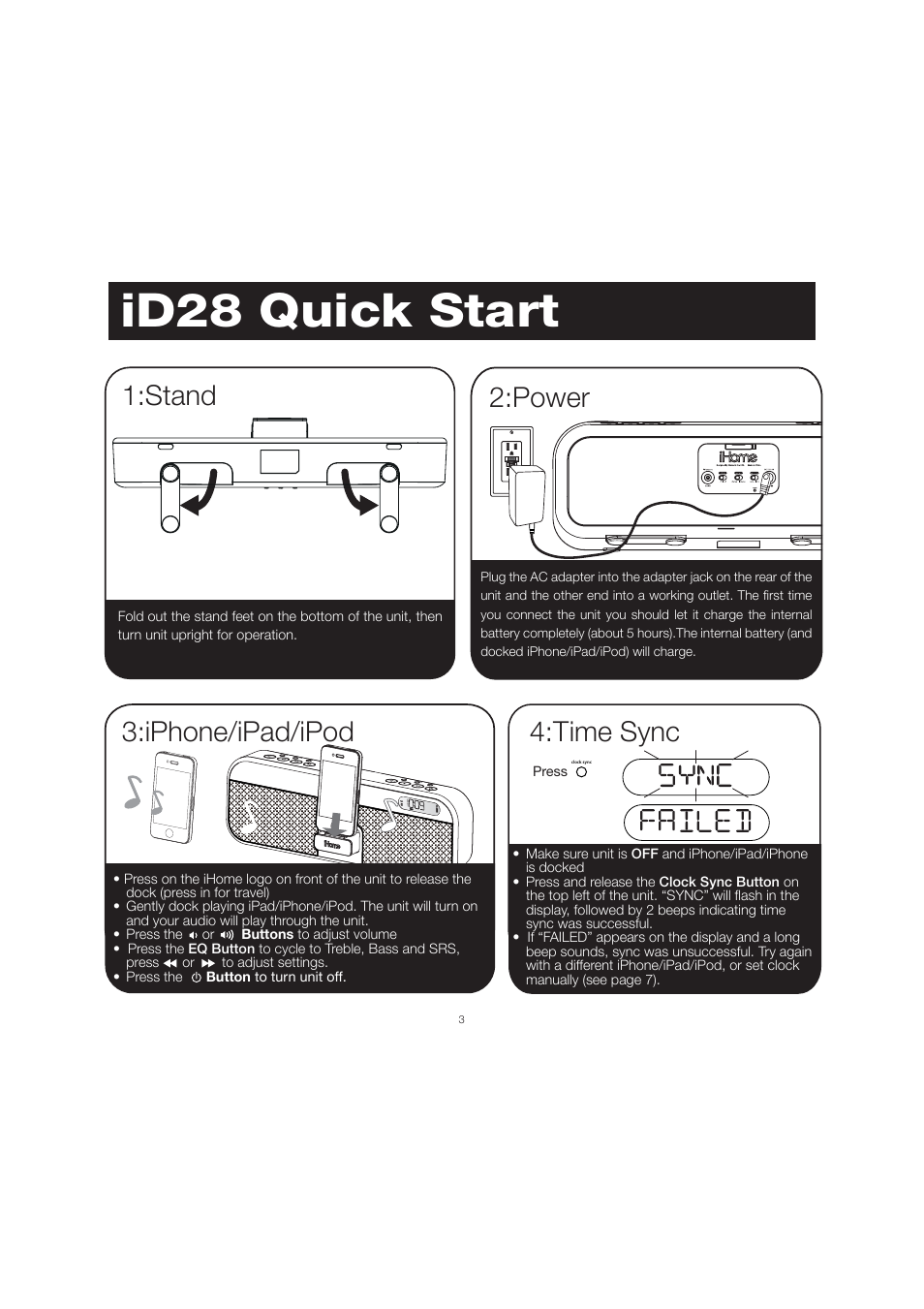 Id28 quick start, Stand 2:power, Iphone/ipad/ipod | Time sync | iHome ID28 User Manual | Page 6 / 17