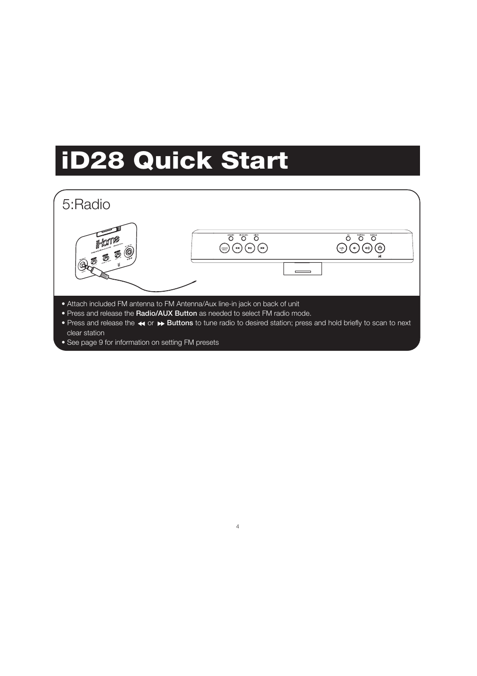 Id28 quick start, Radio | iHome ID28 User Manual | Page 7 / 17