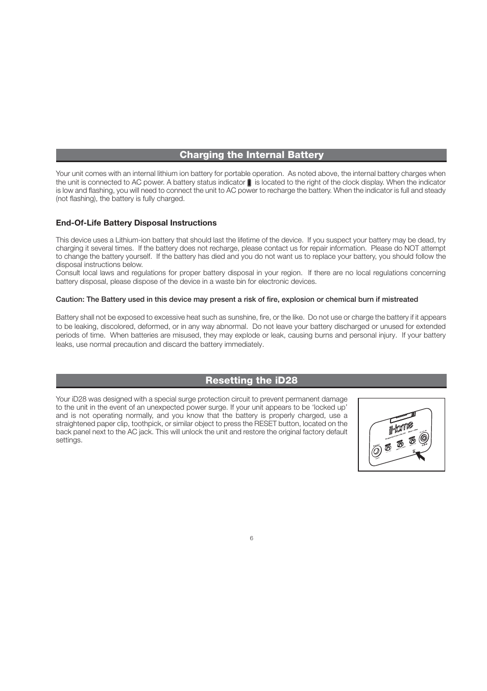 Charging the internal battery resetting the id28 | iHome ID28 User Manual | Page 9 / 17