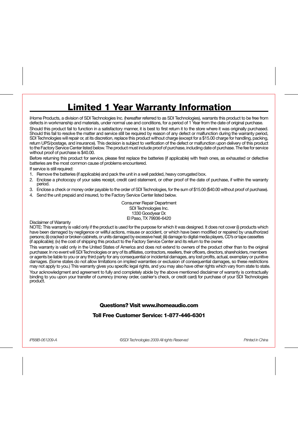 Limited 1 year warranty information | iHome iP88 User Manual | Page 14 / 14