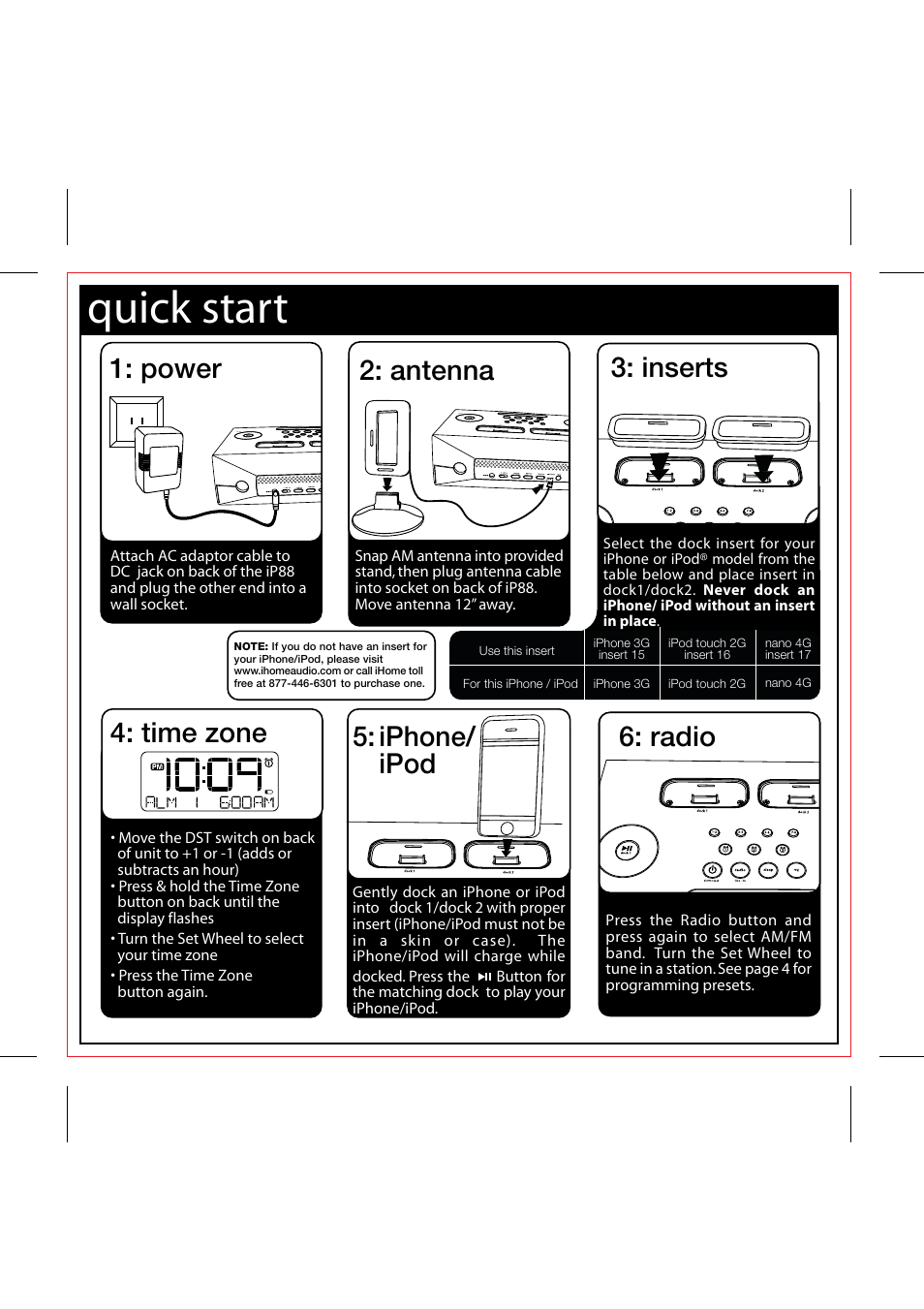 Quick start, Time zone 5: iphone/ ipod, Antenna 1: power | Inserts 6: radio | iHome iP88 User Manual | Page 3 / 14