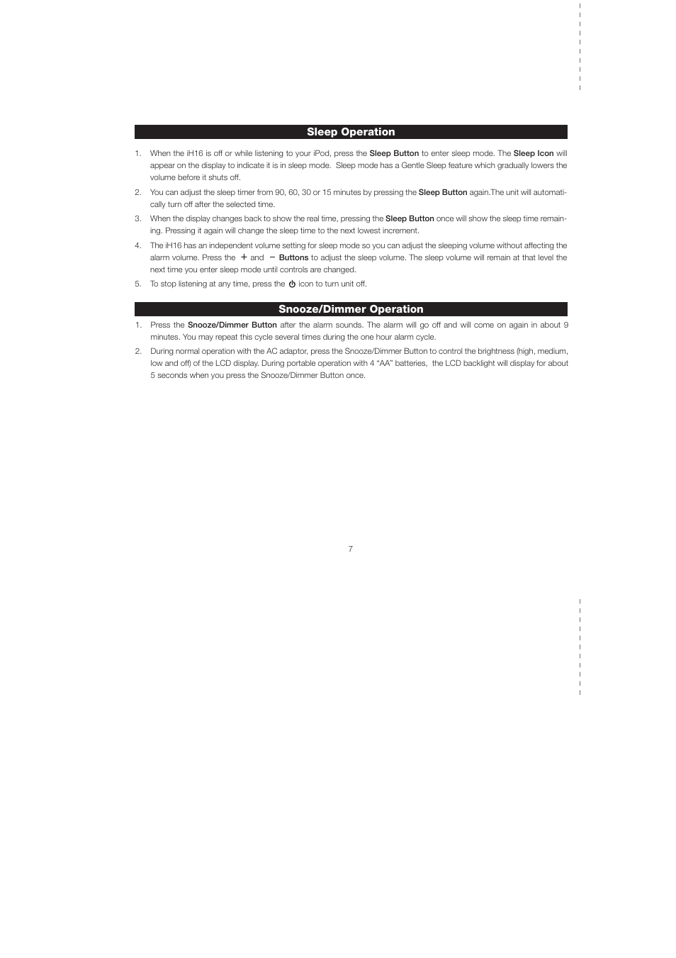 Sleep operation snooze/dimmer operation | iHome iH16 User Manual | Page 10 / 14