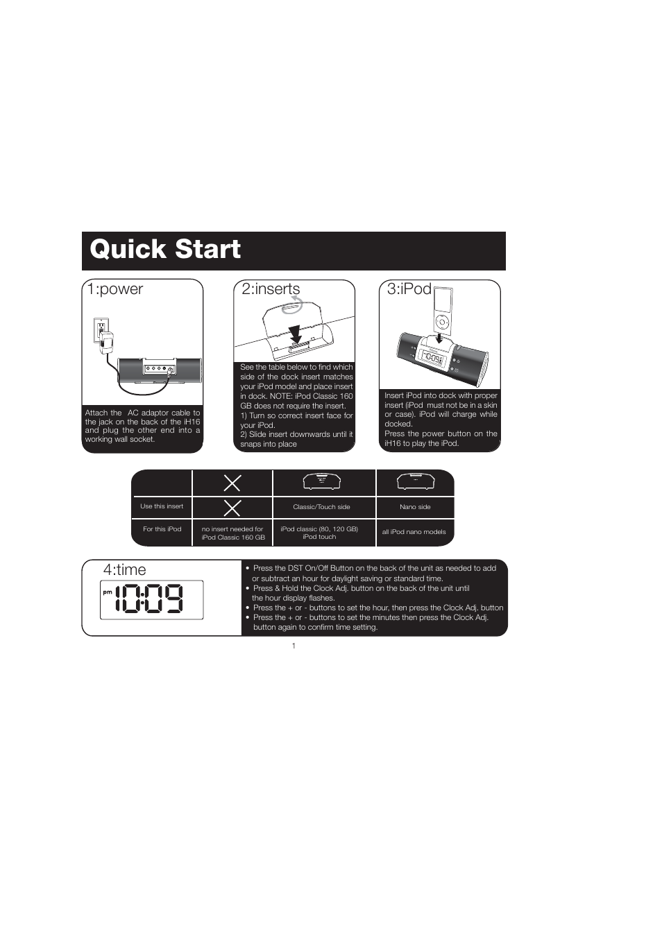 Quick start, Ipod 1:power, Inserts 4:time | iHome iH16 User Manual | Page 4 / 14