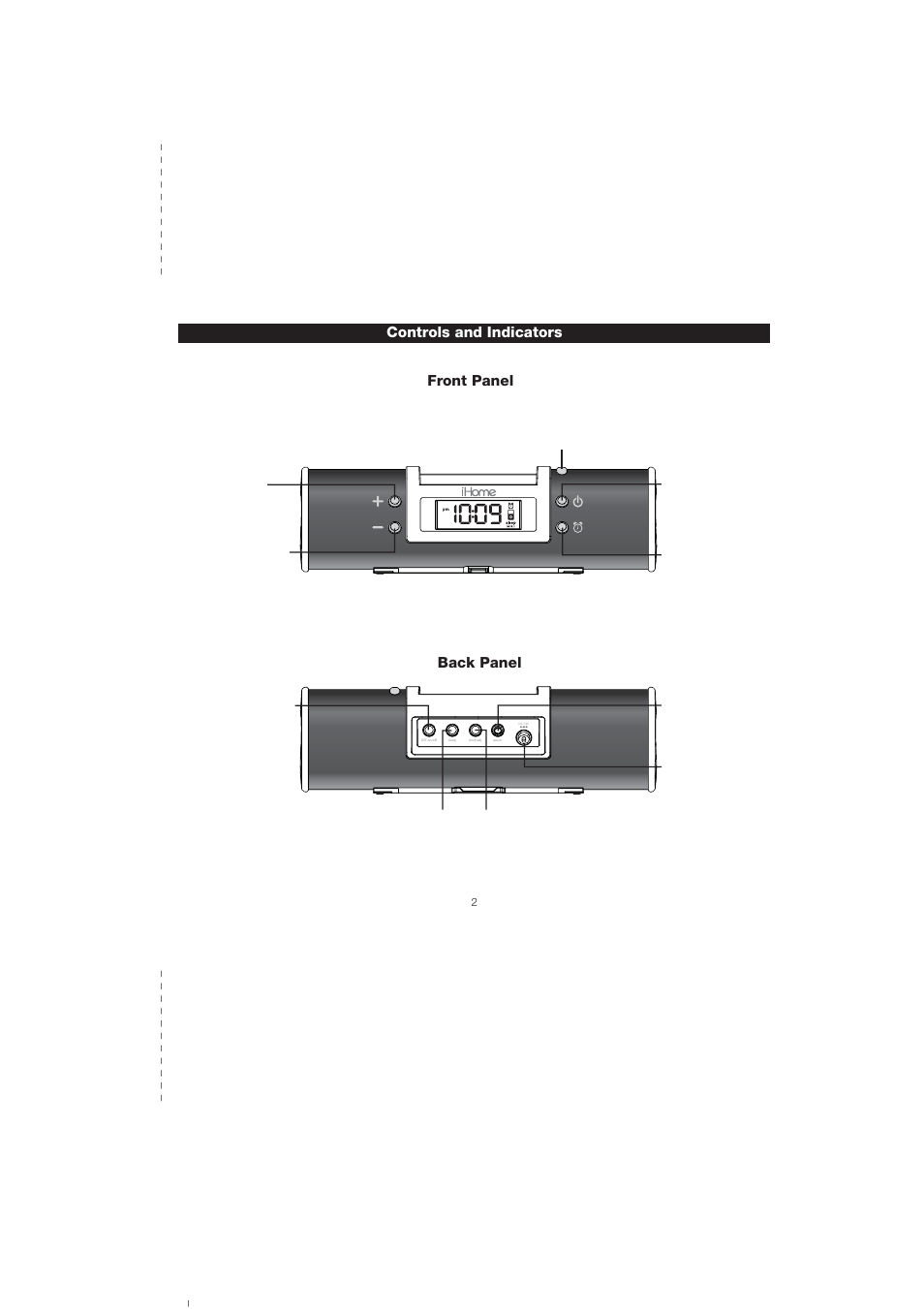 Controls and indicators front panel back panel | iHome iH16 User Manual | Page 5 / 14