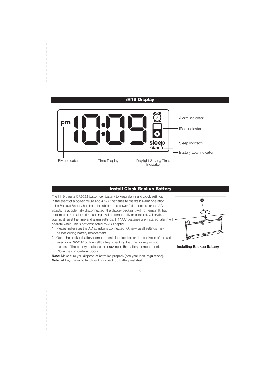 Ih16 display install clock backup battery | iHome iH16 User Manual | Page 6 / 14