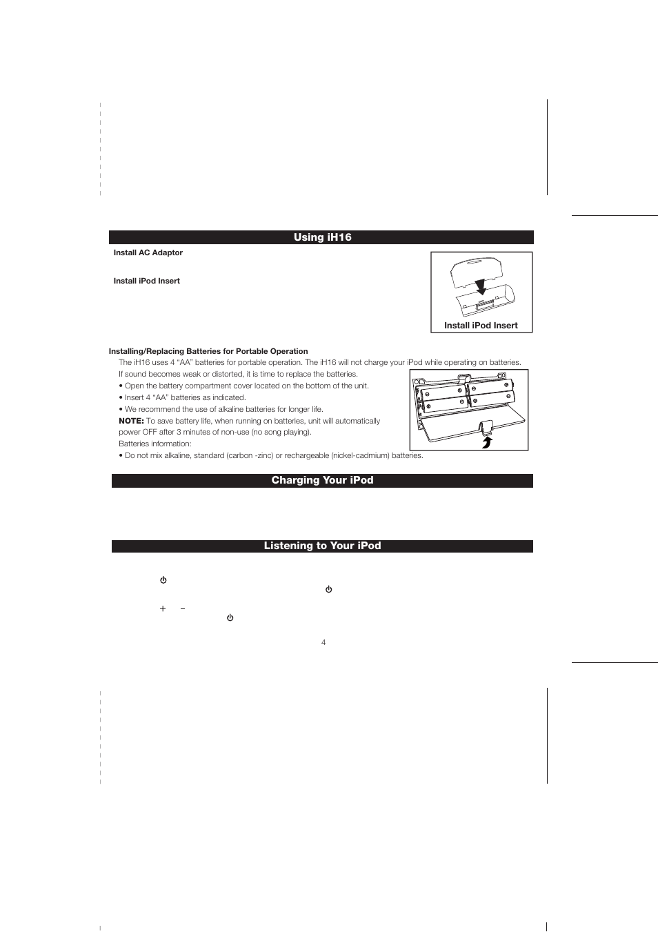 Using ih16, Charging your ipod, Listening to your ipod | iHome iH16 User Manual | Page 7 / 14