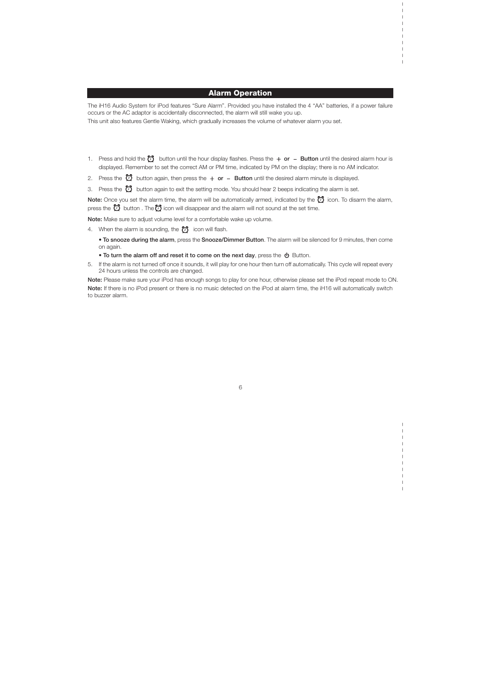 Alarm operation | iHome iH16 User Manual | Page 9 / 14