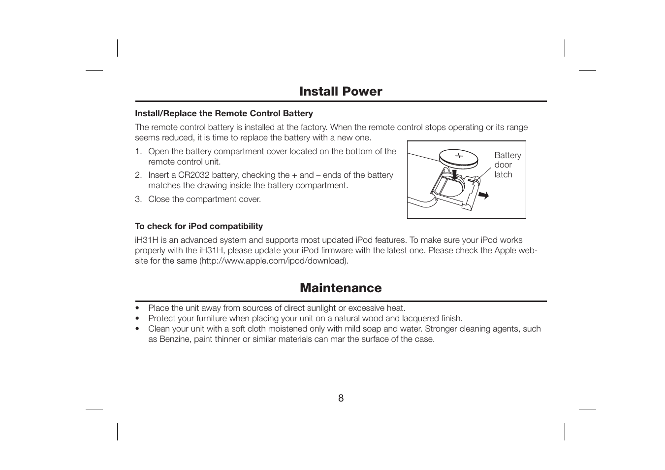 Install power, Maintenance | iHome iH31H User Manual | Page 10 / 19