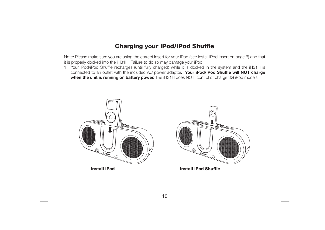 Charging your ipod/ipod shuffle | iHome iH31H User Manual | Page 12 / 19