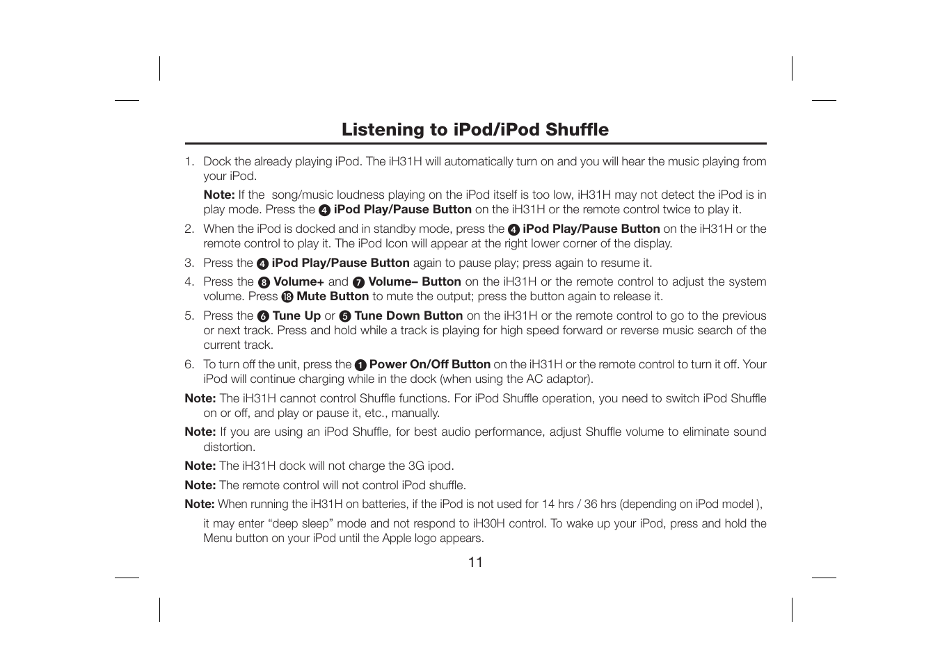 Listening to ipod/ipod shuffle | iHome iH31H User Manual | Page 13 / 19