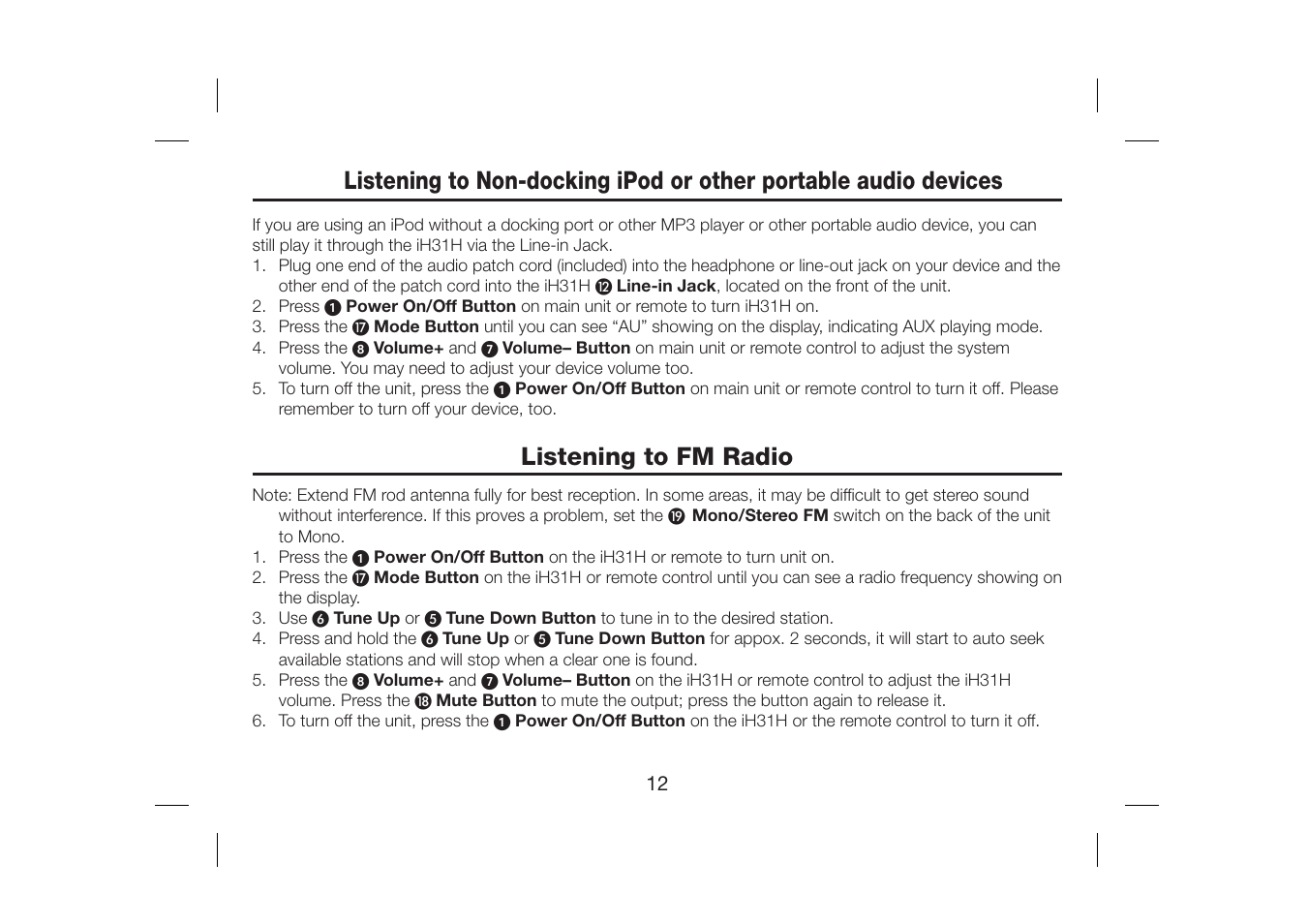 Listening to fm radio | iHome iH31H User Manual | Page 14 / 19