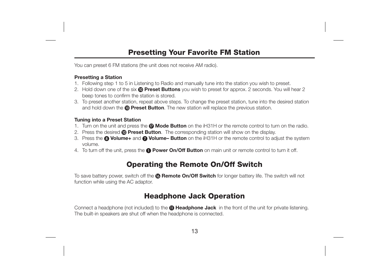 Presetting your favorite fm station, Operating the remote on/off switch, Headphone jack operation | iHome iH31H User Manual | Page 15 / 19