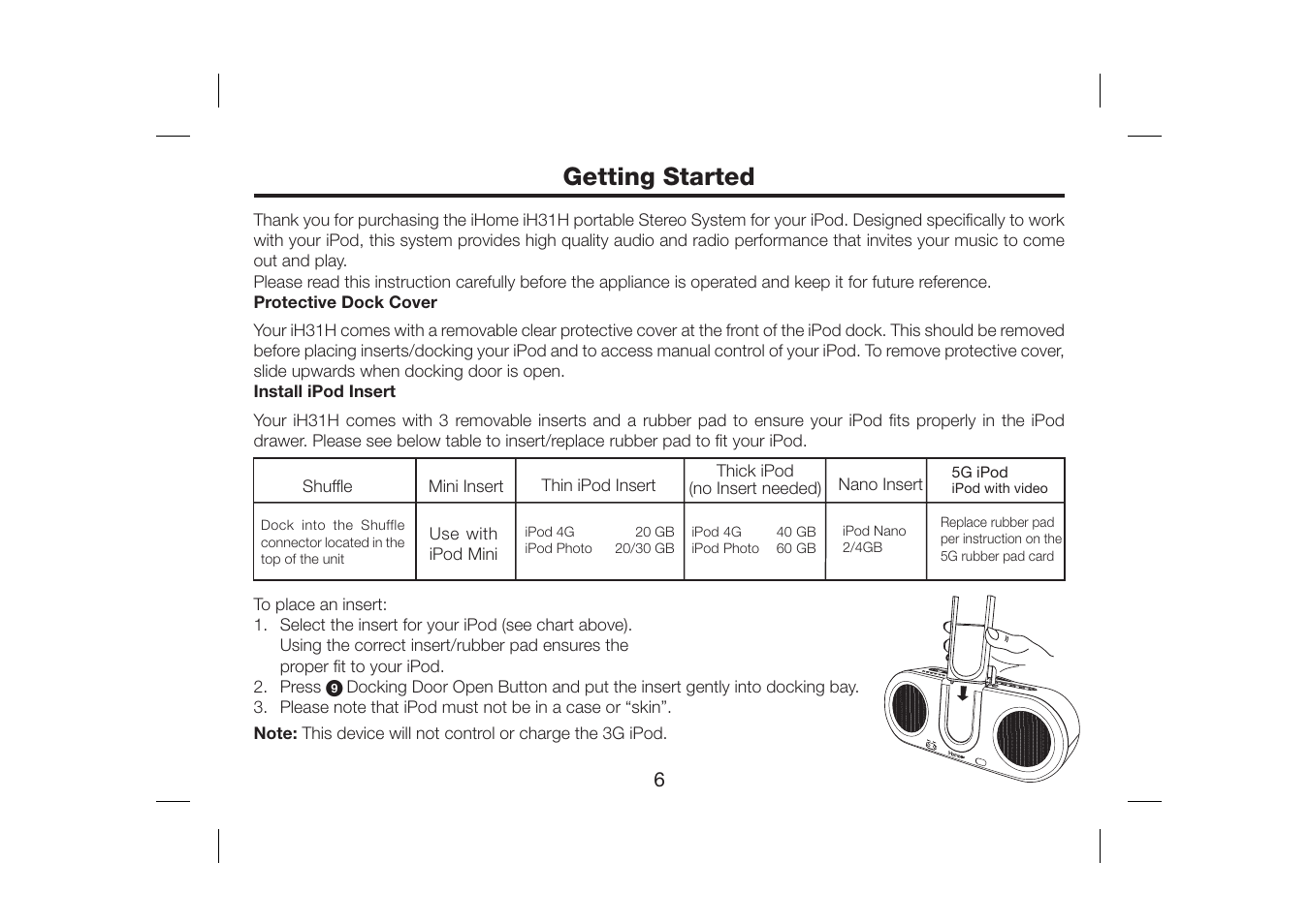 Getting started | iHome iH31H User Manual | Page 8 / 19