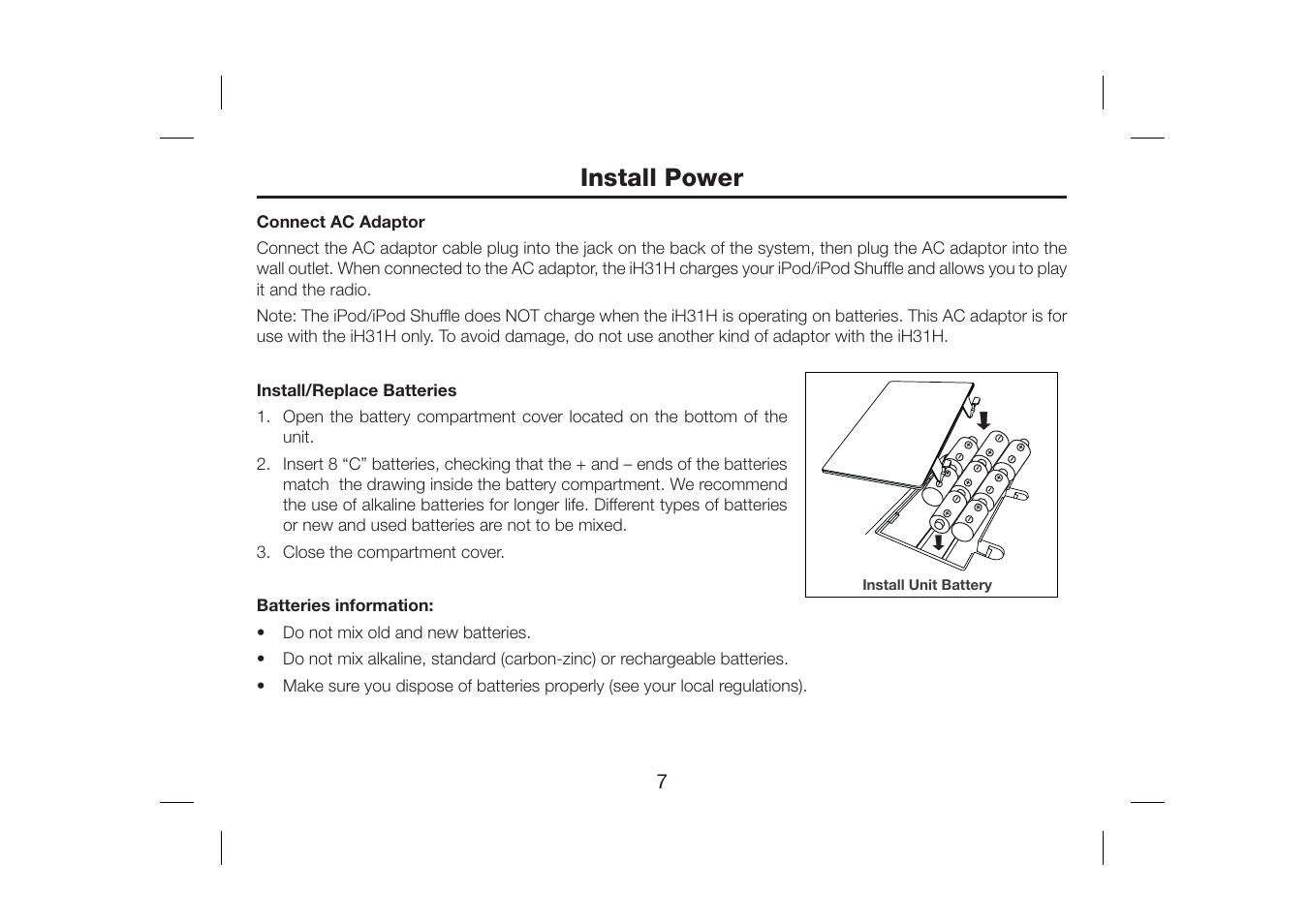 Install power | iHome iH31H User Manual | Page 9 / 19