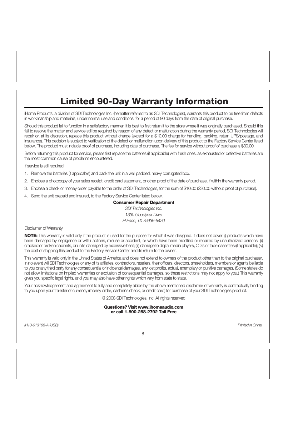 Limited 90-day warranty information | iHome iH13 User Manual | Page 10 / 10