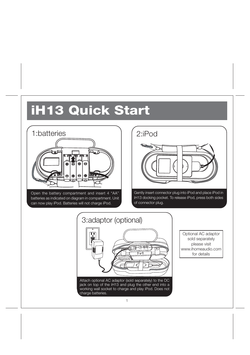 Ih13 quick start, Batteries, Adaptor (optional) | Ipod | iHome iH13 User Manual | Page 3 / 10