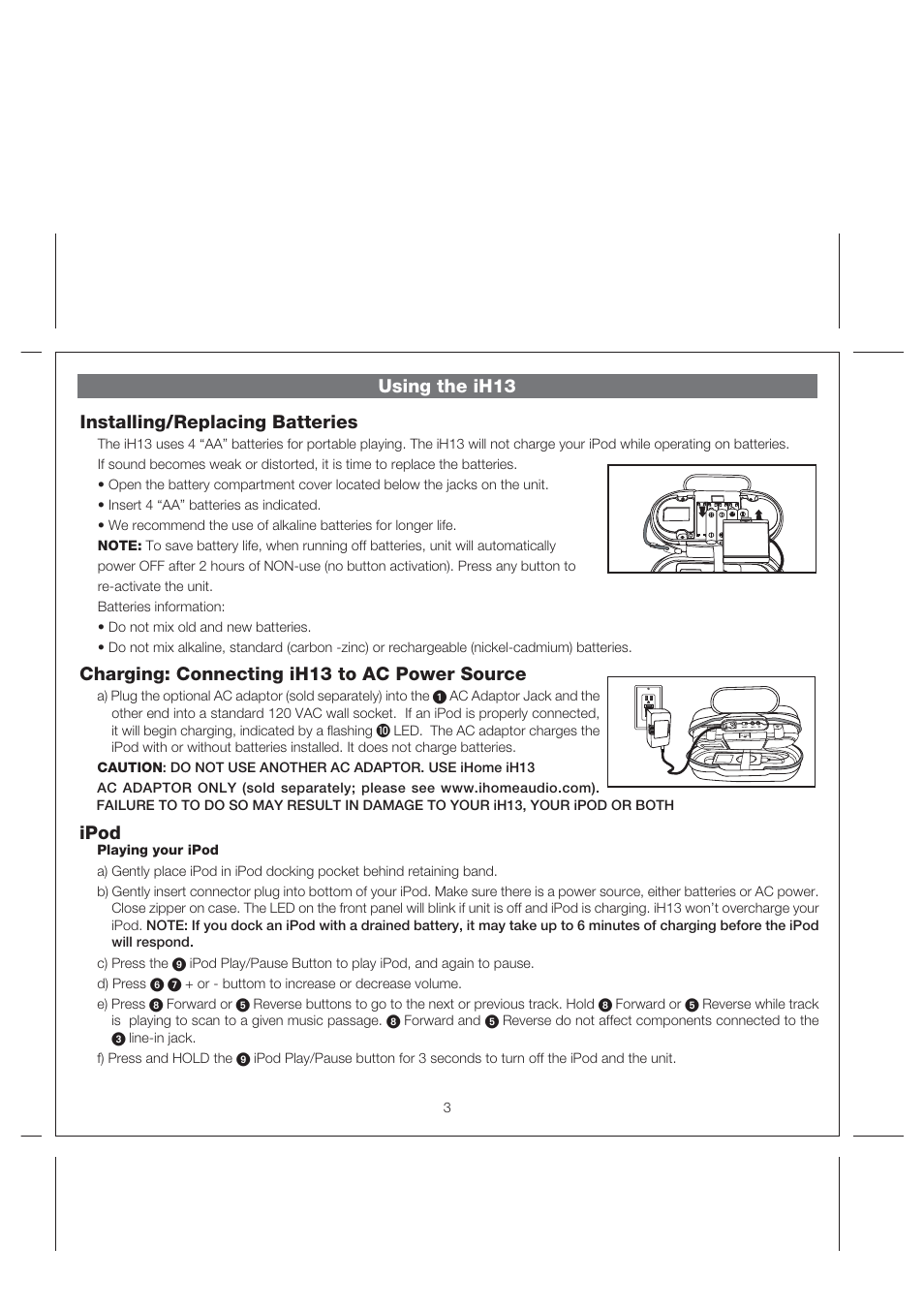 Ipod, Installing/replacing batteries | iHome iH13 User Manual | Page 5 / 10